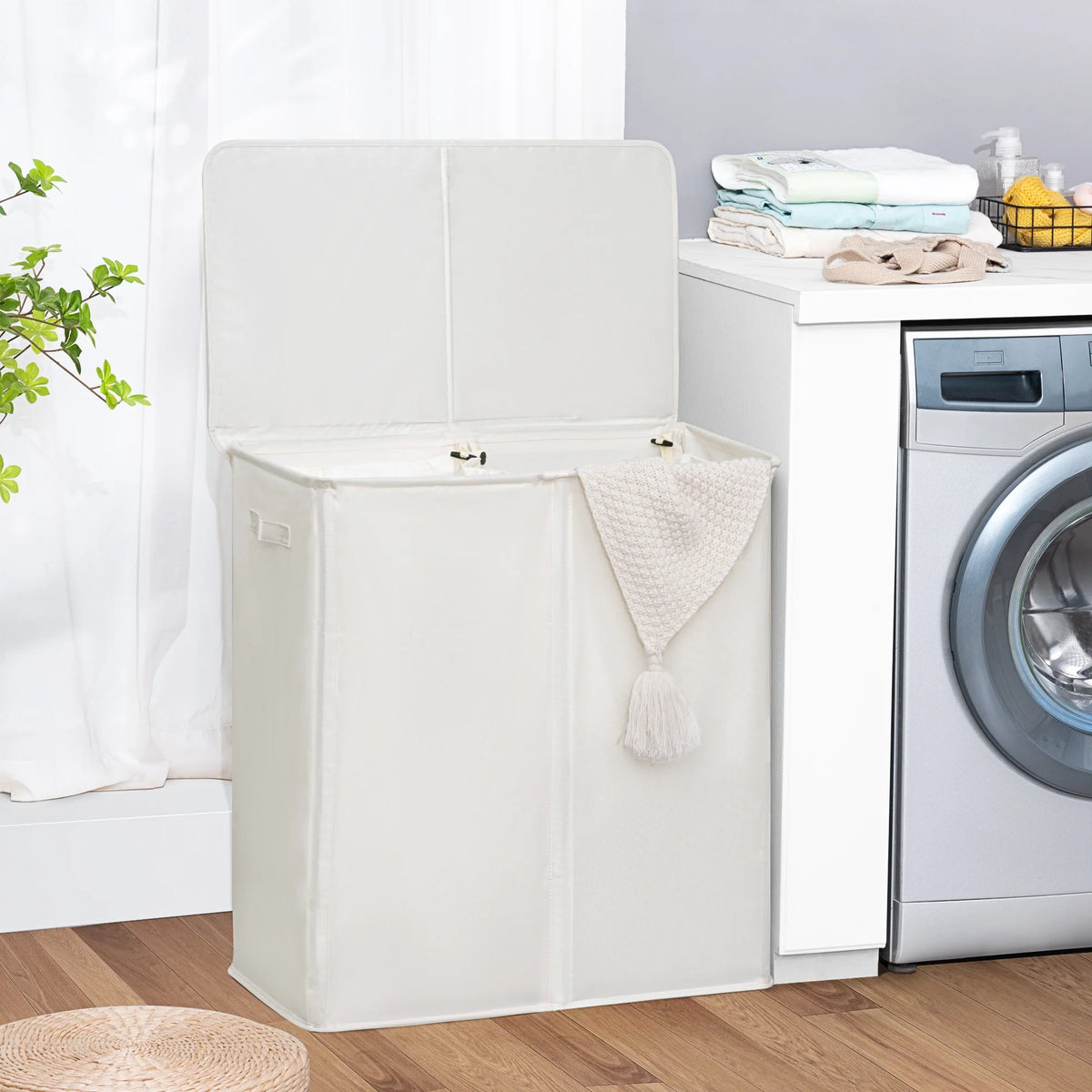Beige Double Laundry Hamper with Lid and 2 Removable Liner Bags H51593