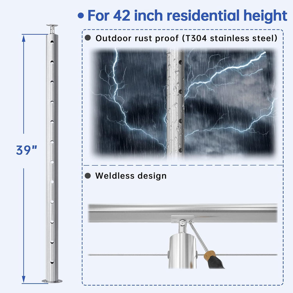 2Pack Stainless Steel Cable Railing Post Round 42x2.36 Pre-drilled Surface Mount Q4369