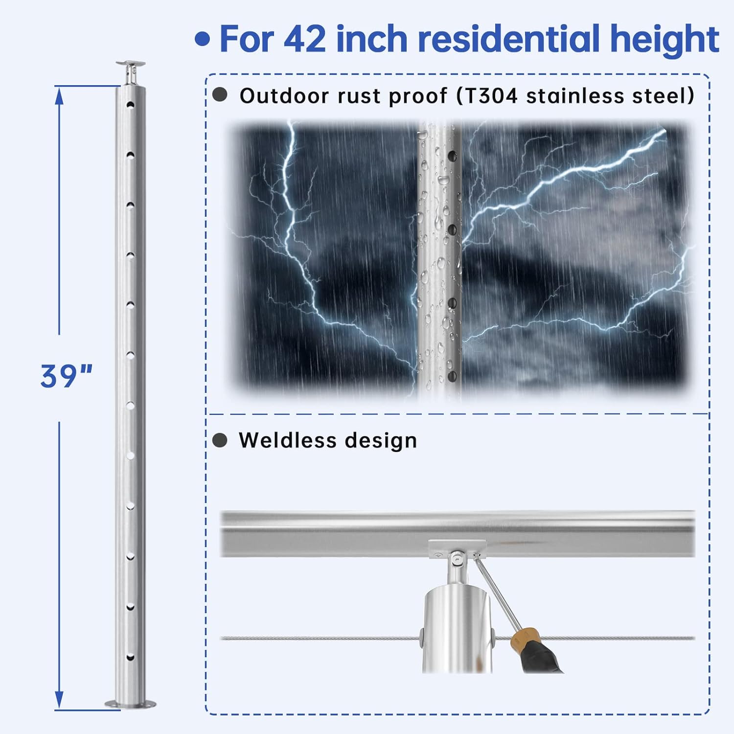 2Pack Stainless Steel Cable Railing Post Round 42x2.36 Pre-drilled Surface Mount Q4369