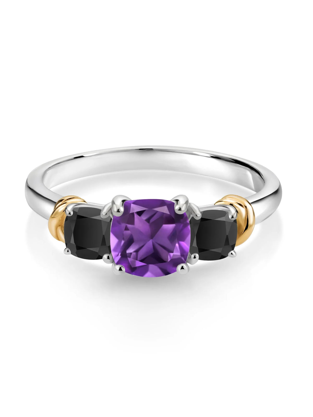 925 Sterling Silver 10K Yellow Gold Purple Amethyst Black Onyx 3 Stone Engagement Ring G926