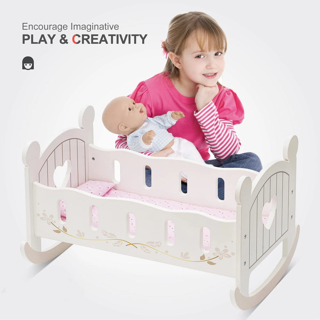 White Wooden Doll Cradle Rocking Doll Bed Q316318