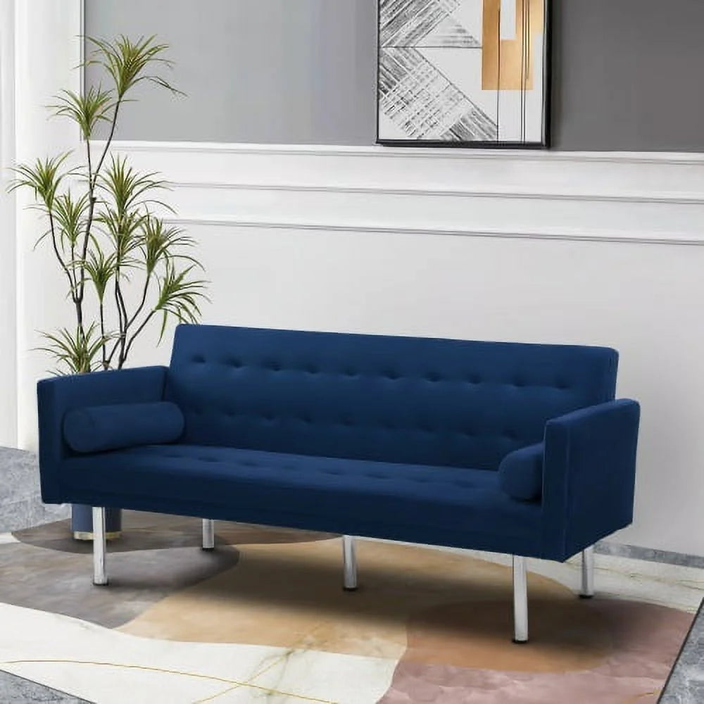 Blue Velvet Tufted Futon Sofa with 2 Pillows K826