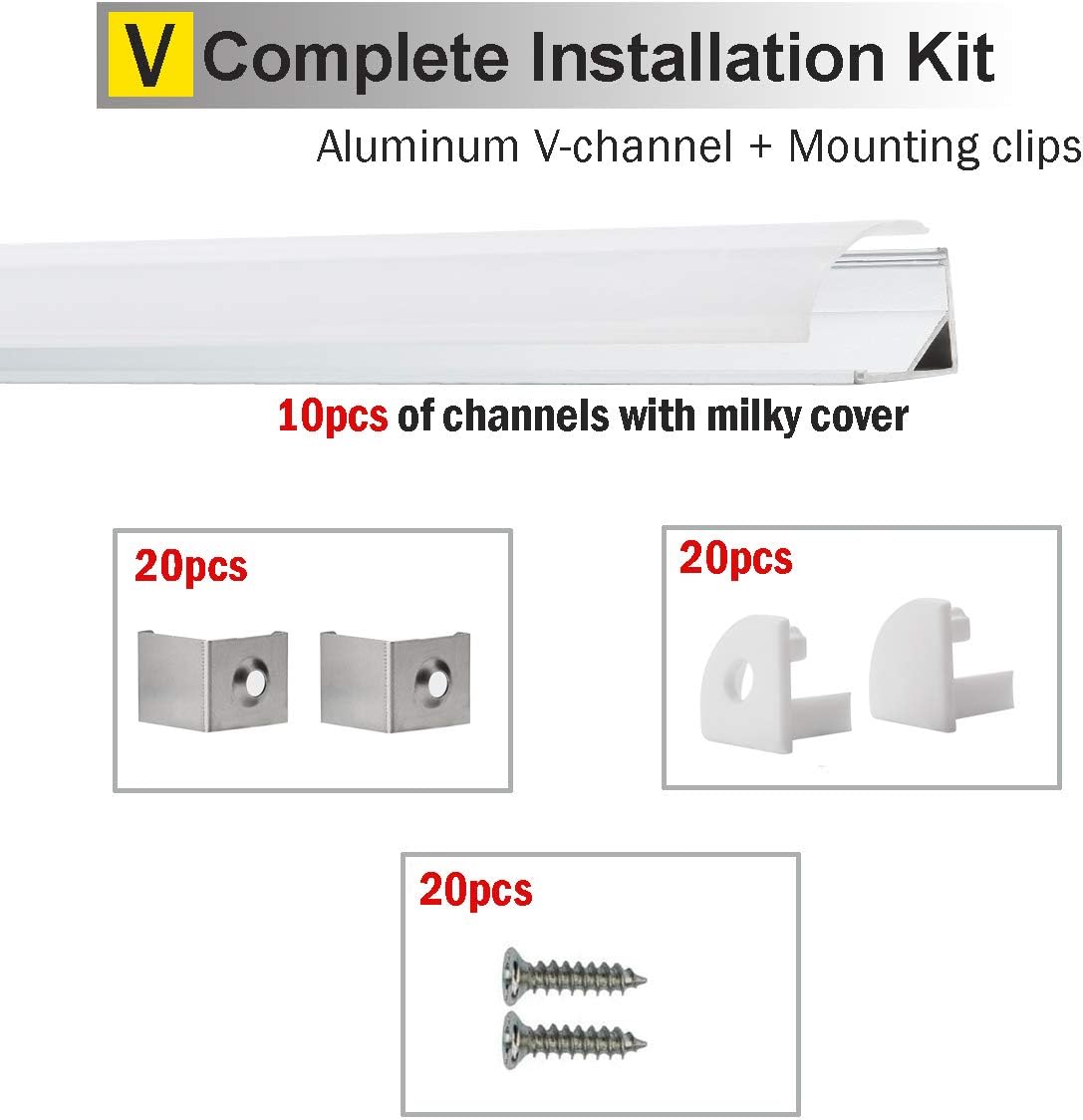 10-Pack 6.6FT LED Aluminum Channel V-Shape with End Caps and Mounting Clips I4418