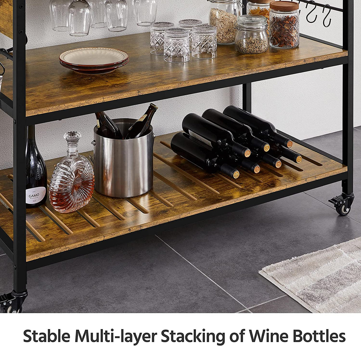 Rustic Brown Rolling Kitchen Cart with Power Outlet V959