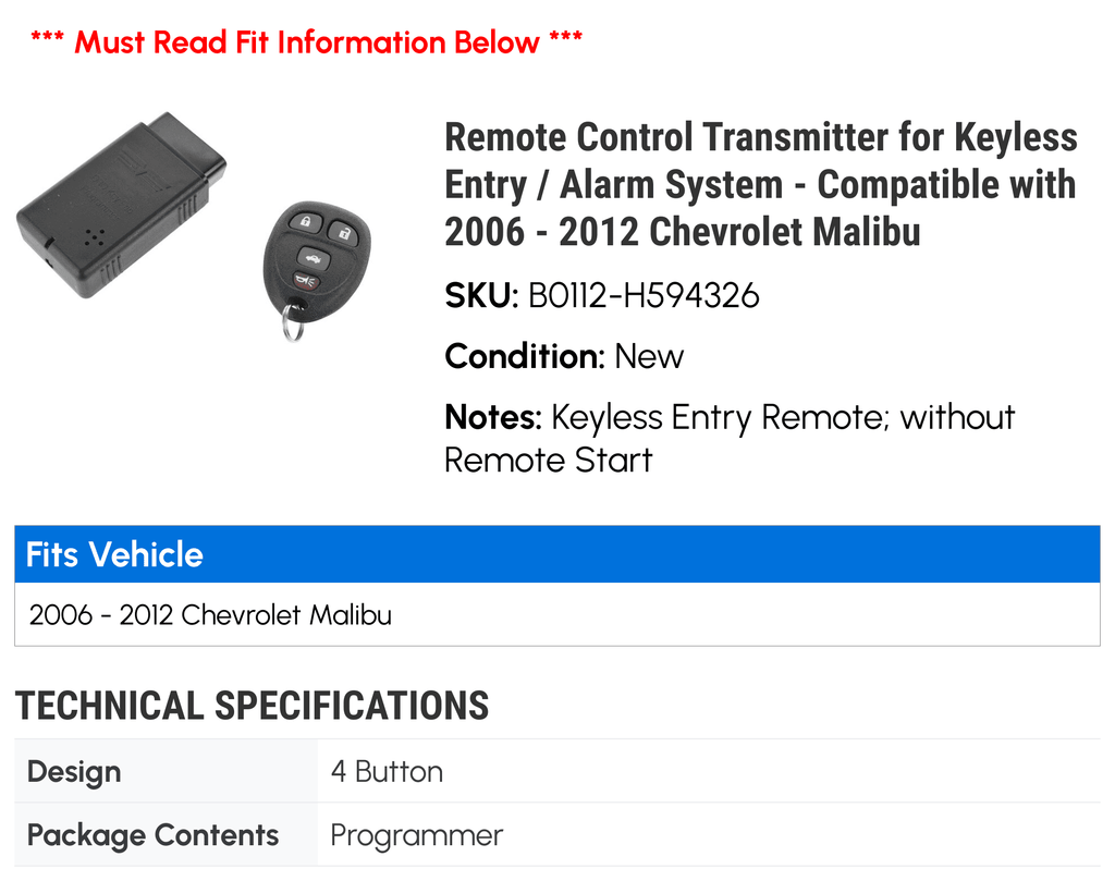Remote Control Transmitter for Keyless Entry / Alarm System, Compatible with 2006-2012 Chevy Malibu Y90483