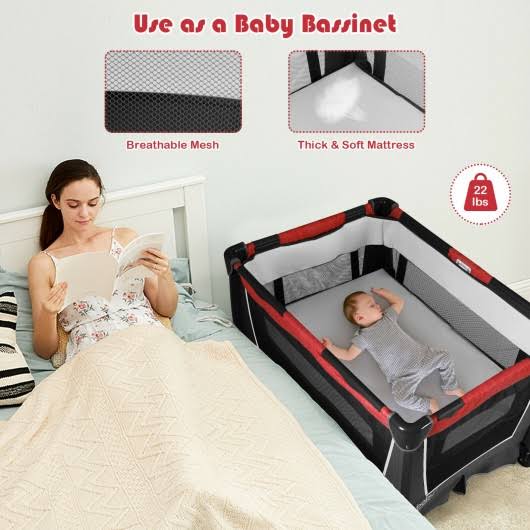 Red 4-in-1 Convertible Portable Baby Play Yard with Toys and Music Player M88218