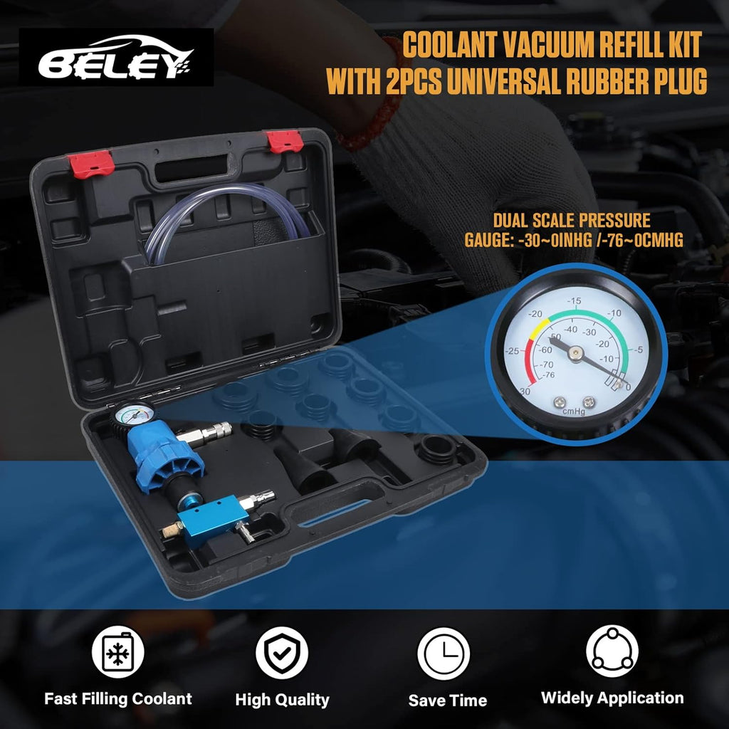 Universal Coolant Vacuum Refill Kit with Dual Scale Pressure Gauge, 2PCS Rubber Plug and 8PCS Rubber Adapters C30267
