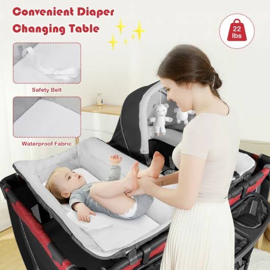 Red 4-in-1 Convertible Portable Baby Play Yard with Toys and Music Player M88218