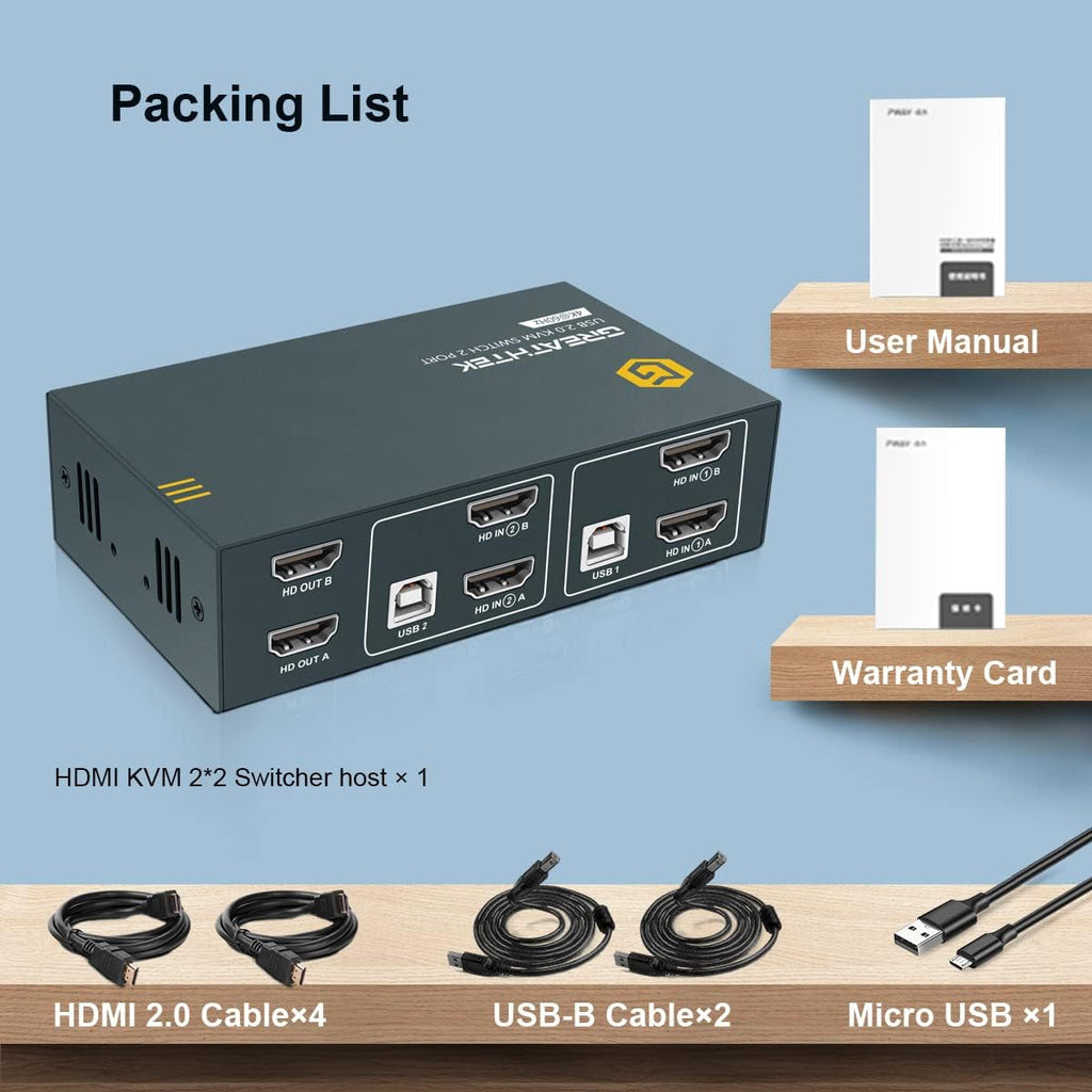 KVM Switch HDMI Dual Monitor 2 Port, 4K@60Hz, 2 USB 2.0 Hub, 4 HDMI Cables, 2 USB Cables C89744