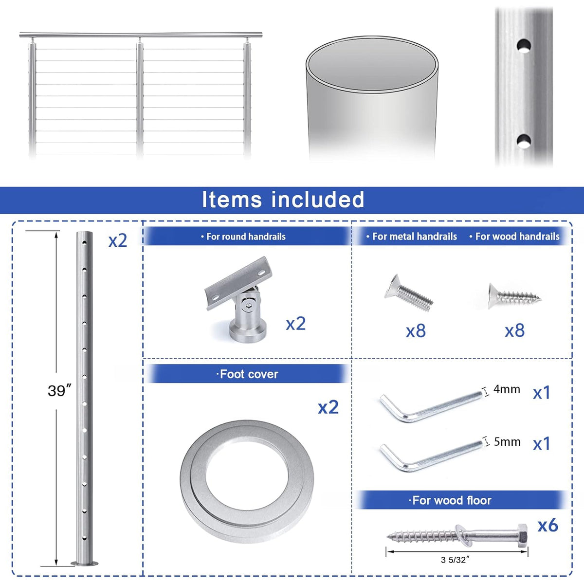 2Pack Stainless Steel Cable Railing Post Round 42x2.36 Pre-drilled Surface Mount Q4369