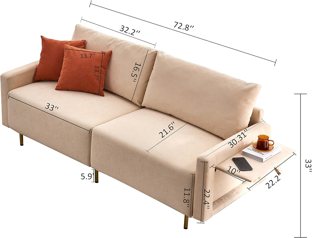 Beige Fabric Loveseat Couch with Removable Tray and Adjustable Metal Legs F620