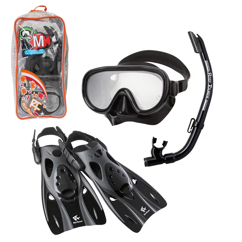 Snorkel and Fin Set with Travel Bag, Black, Medium T10384