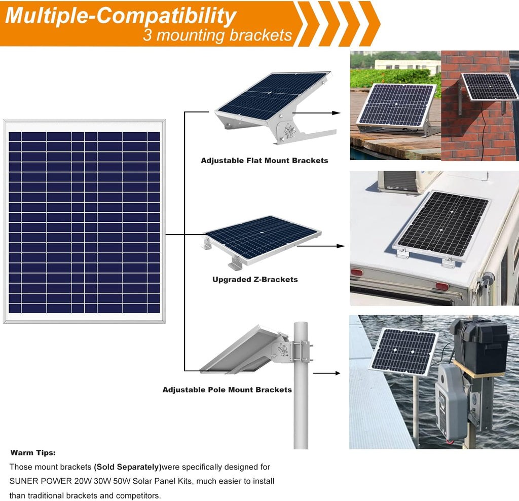 20 Watts Poly Crystalline 12V Solar Panel Kit with 10A Charge Controller and 3-PCS SAE Cable Adapters B60099