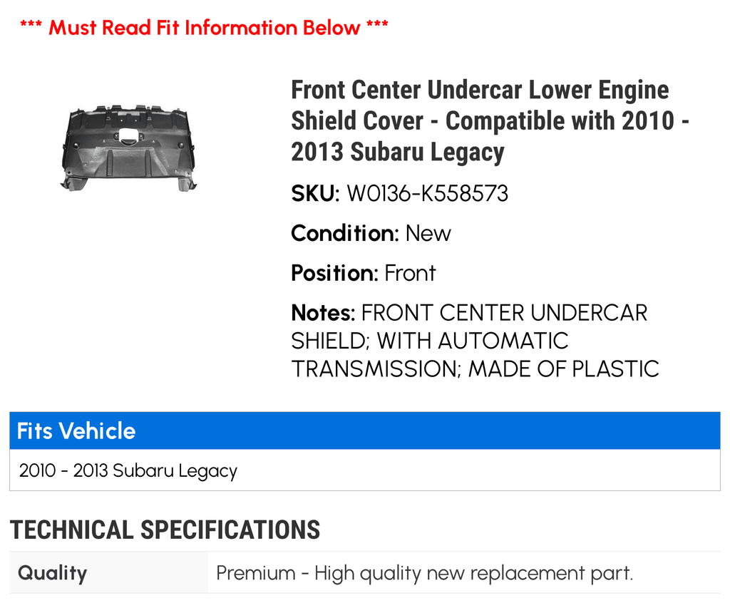 Front Center Lower Engine Shield Cover L27087