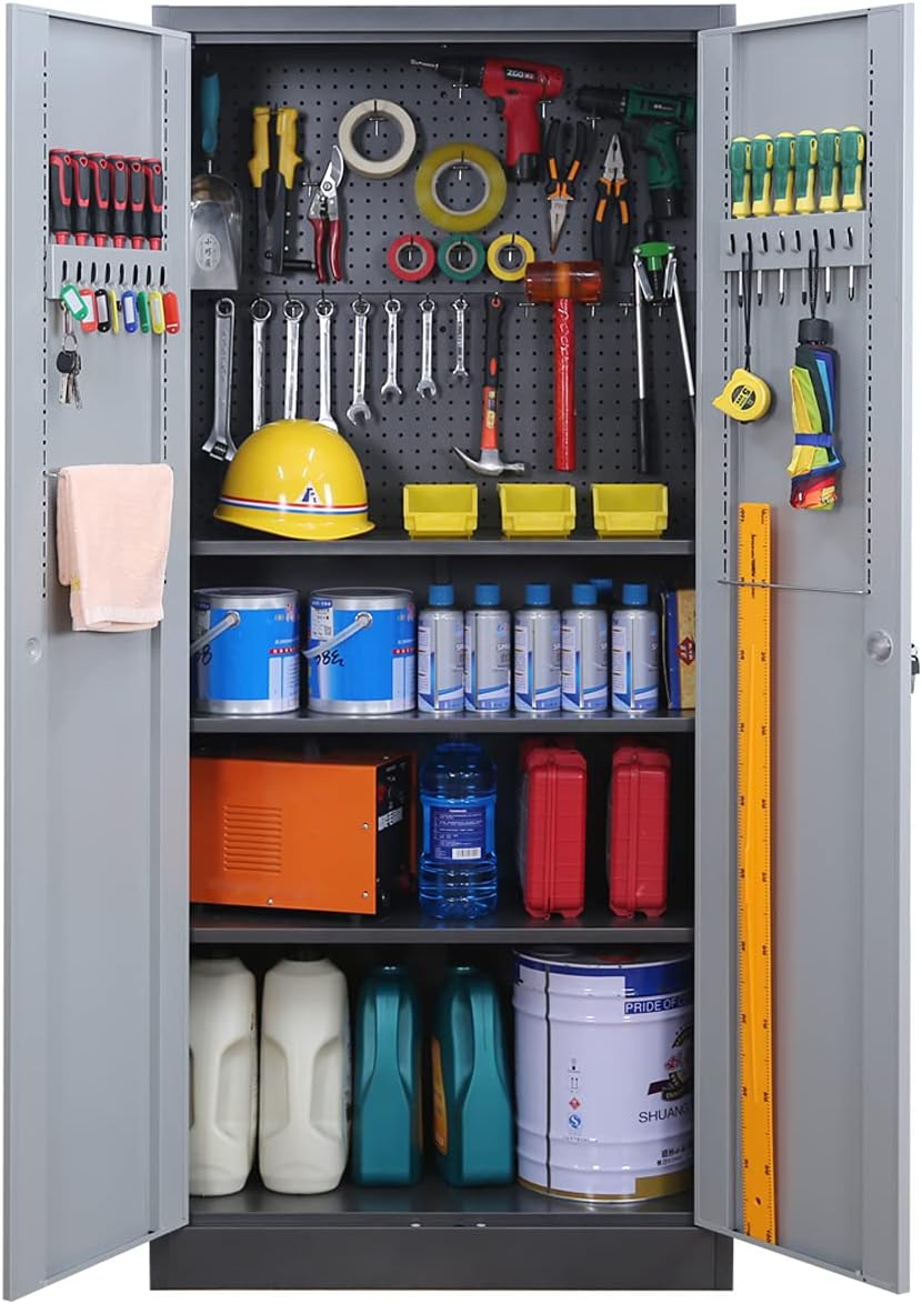 Metal Storage Cabinet with Lock Doors and Adjustable Shelves, 70.86 H x 31.5 W x 15.75 D L2546