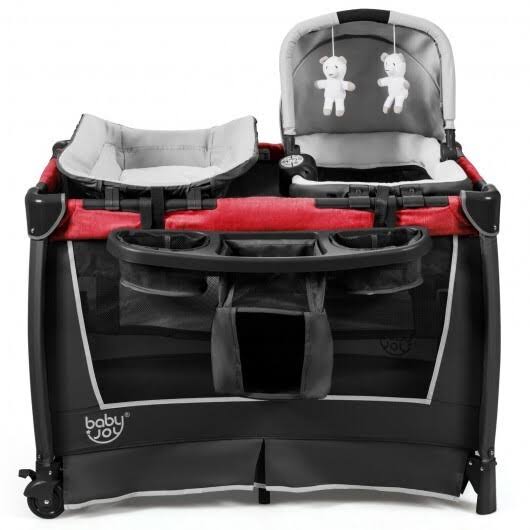 Red 4-in-1 Convertible Portable Baby Play Yard with Toys and Music Player M88218