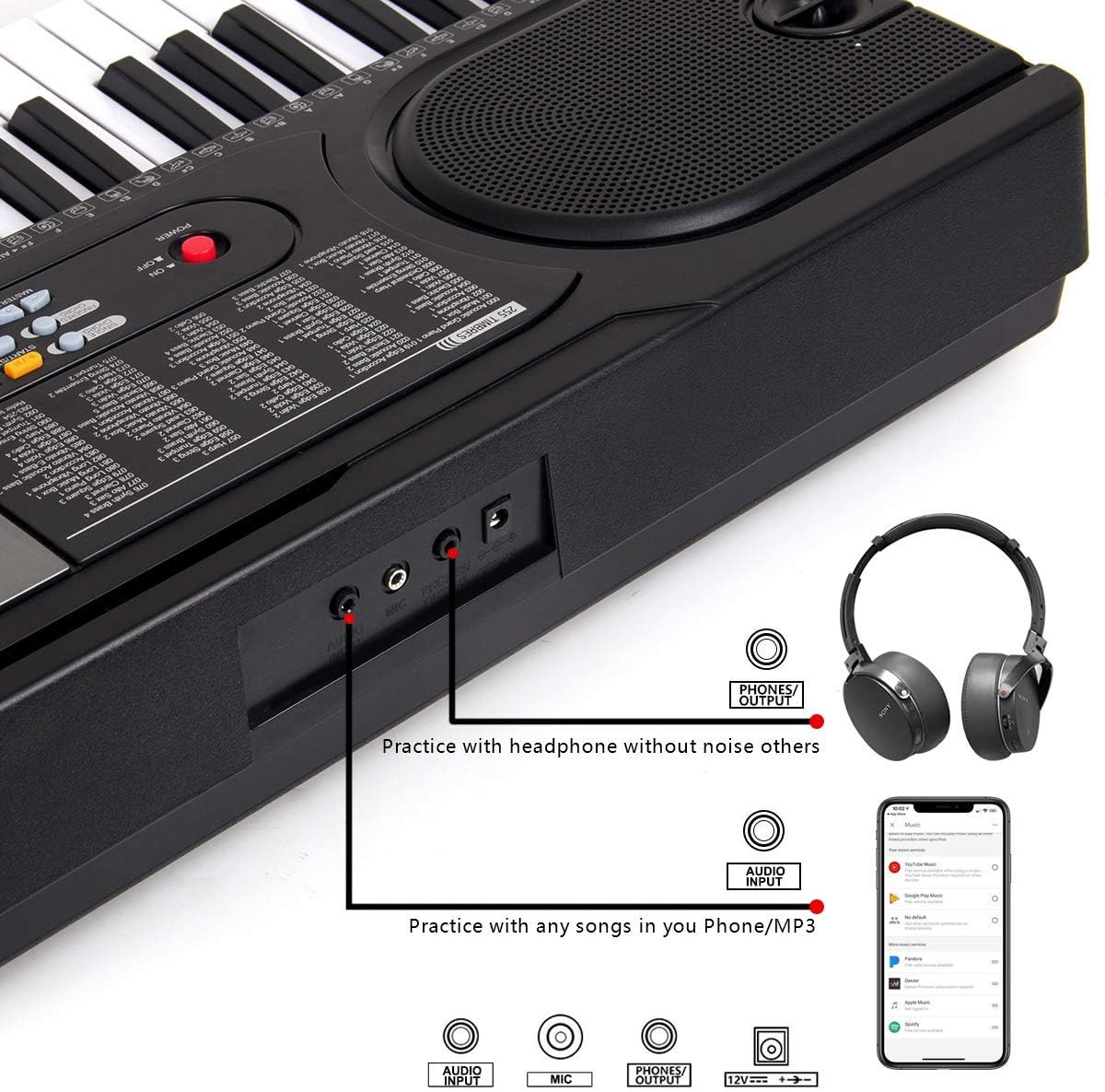61 Key Digital Piano Portable Electronic Keyboard with Built-In Speaker, Microphone, Music Stand W61204
