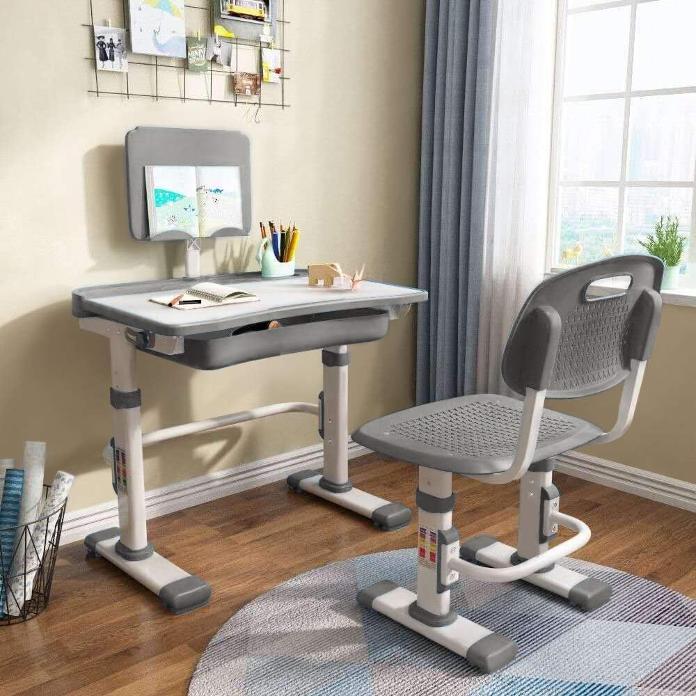 Grey Height Adjustable Kids Desk and Chair Set with Tilt Desktop and Storage Drawer A2052