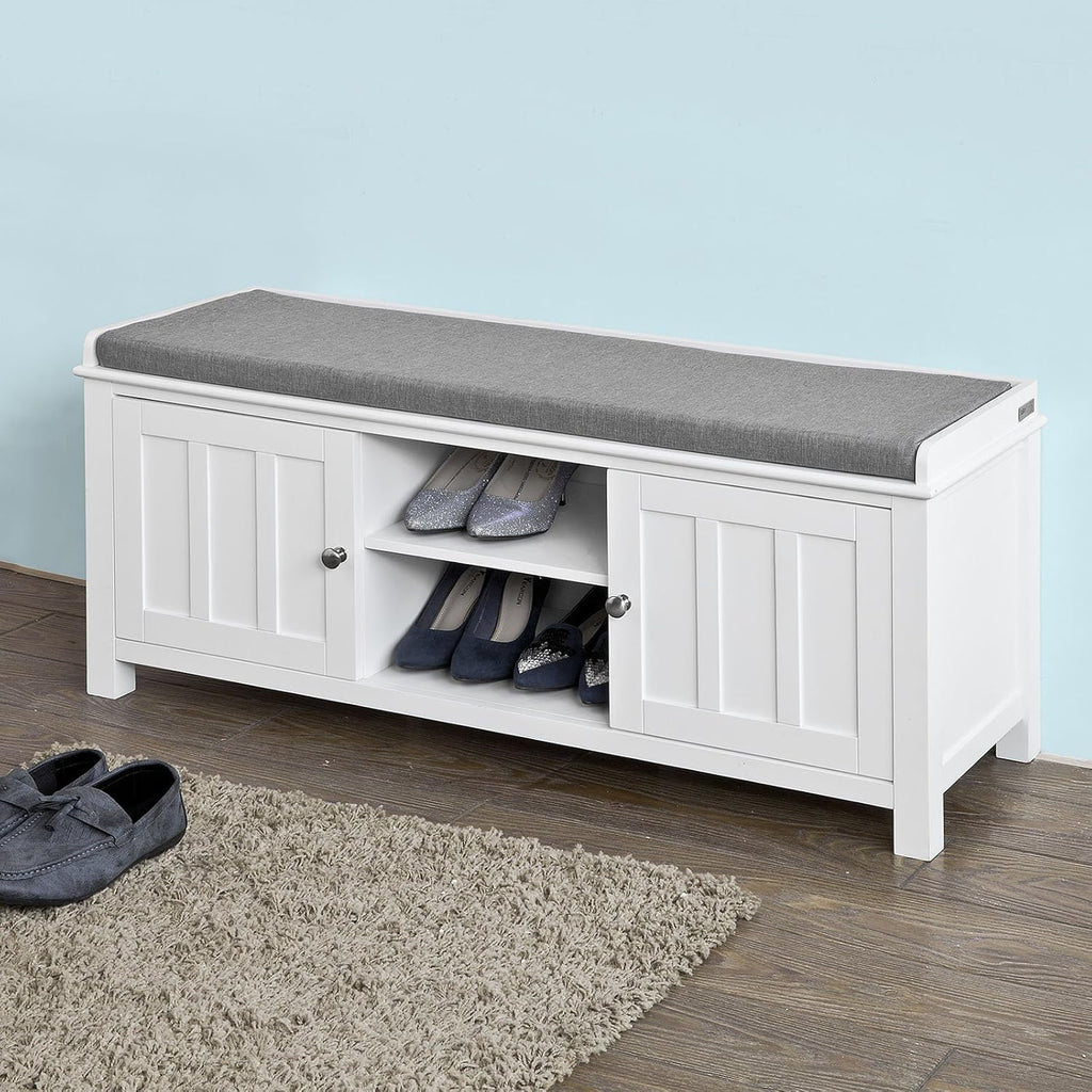 White Shoe Storage Bench with 2 Doors and Removable Seat Cushion B584243