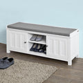 White Shoe Storage Bench with 2 Doors and Removable Seat Cushion B584243