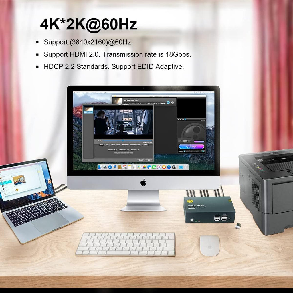 KVM Switch HDMI Dual Monitor 2 Port, 4K@60Hz, 2 USB 2.0 Hub, 4 HDMI Cables, 2 USB Cables C89744