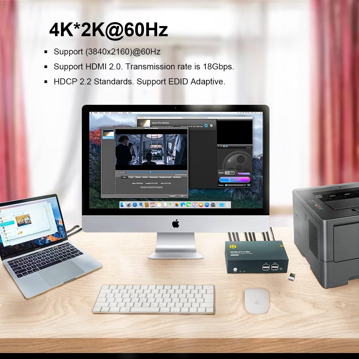 KVM Switch HDMI Dual Monitor 2 Port, 4K@60Hz, 2 USB 2.0 Hub, 4 HDMI Cables, 2 USB Cables C89744