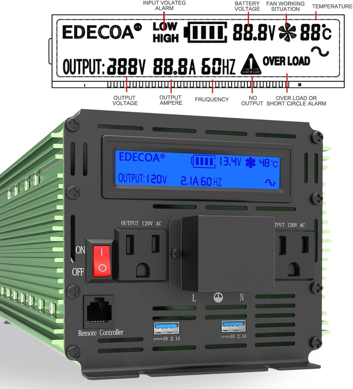 3000 Watt Power Inverter DC 12V to AC 110V 120V with LCD Display and Remote Controller G888739