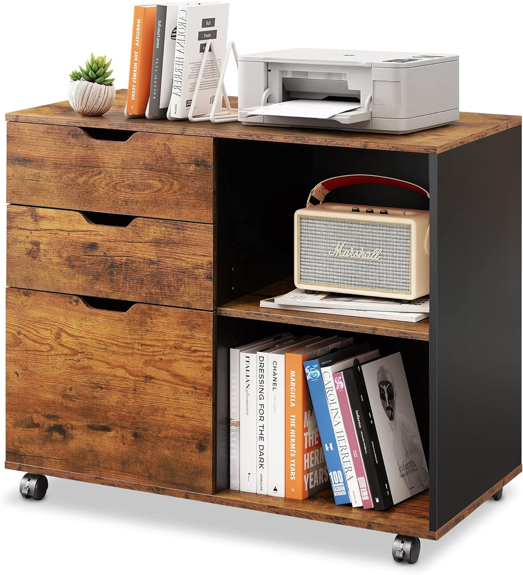 White 3-Drawer Mobile Wood File Cabinet with Open Storage Shelves G861192