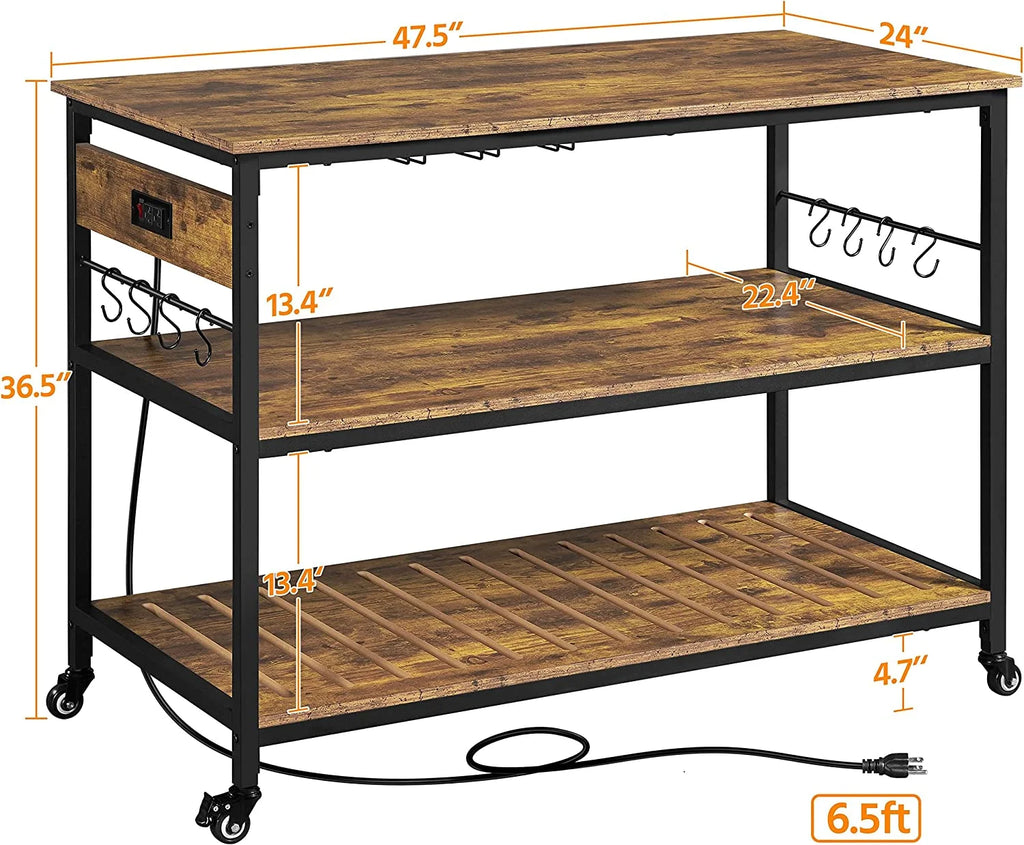 Rustic Brown Rolling Kitchen Cart with Power Outlet V959