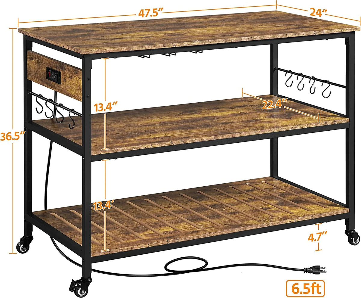 Rustic Brown Rolling Kitchen Cart with Power Outlet V959