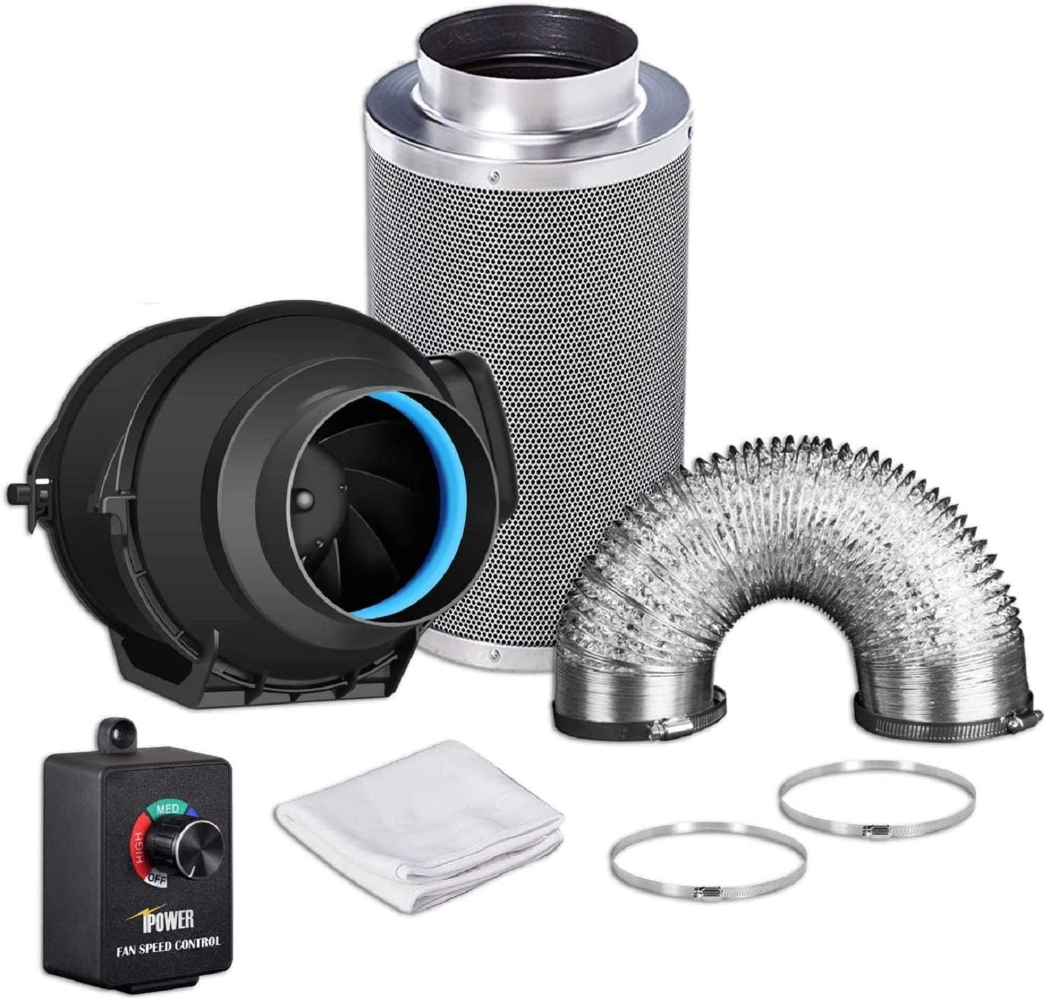 4 Inch 118 CFM Inline Fan with Variable Speed Controller Carbon Filter 8 Feet Ducting Combo M40700