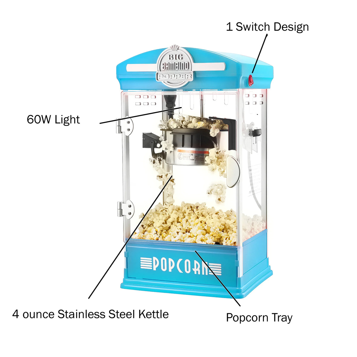 Blue Retro Tabletop Popcorn Popper with Stainless-Steel Kettle N929