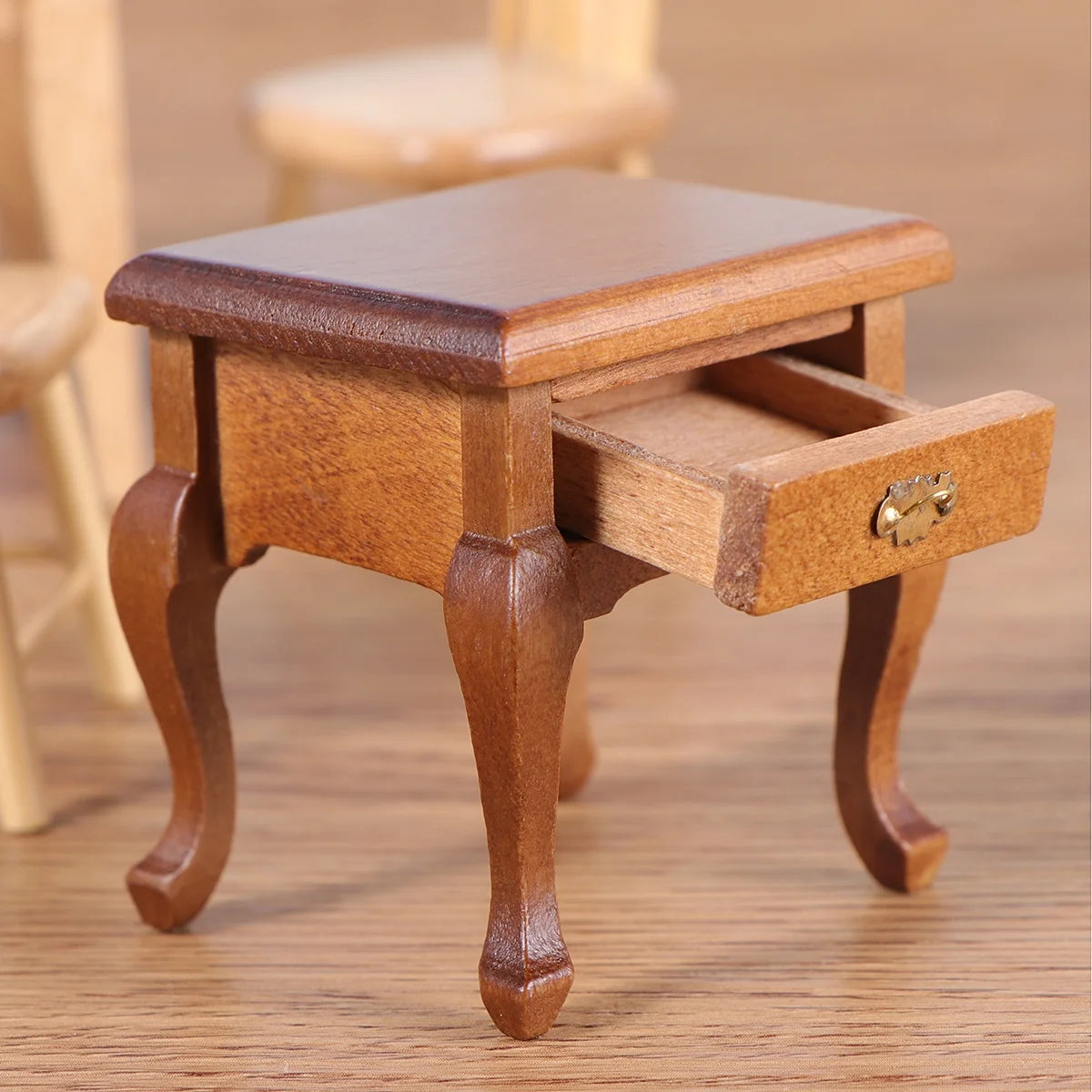 1:12 Walnut Color Wooden Bedside Table Miniature Furniture J4910