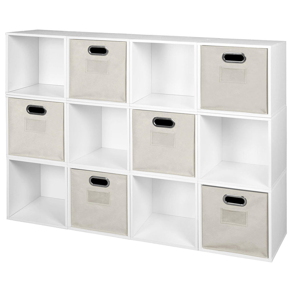 12 Cube Storage Set with 6 Canvas Bins White Wood Grain Natural J34613