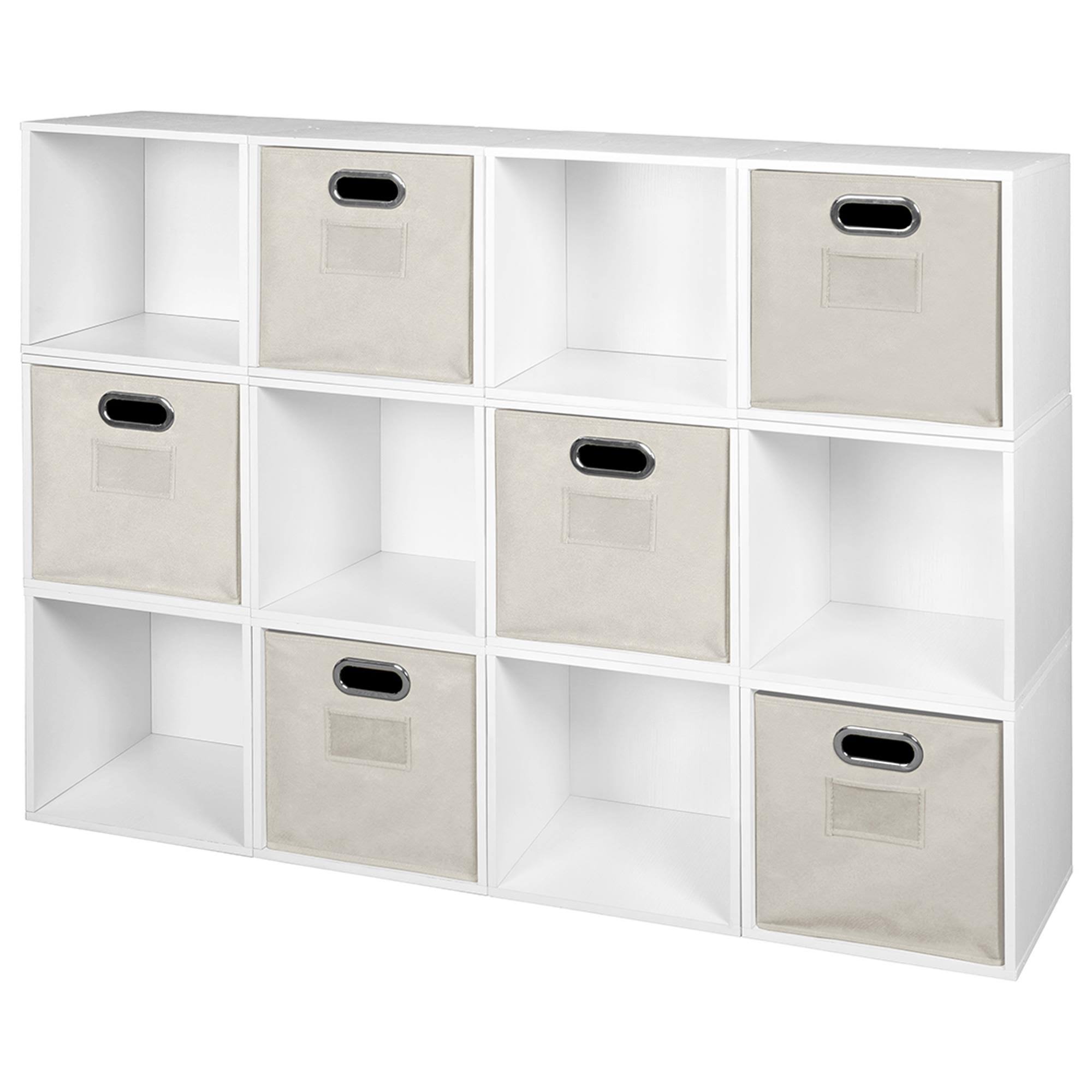 12 Cube Storage Set with 6 Canvas Bins White Wood Grain Natural J34613