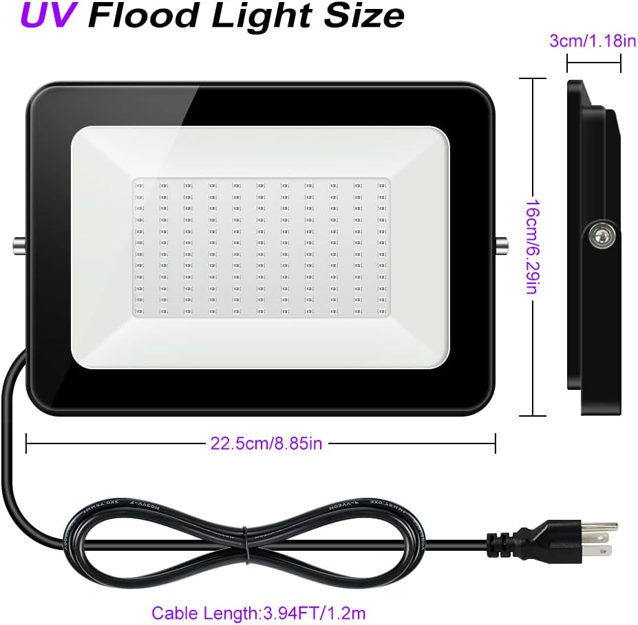 2 Pack 60W UV Flood Black Light, IP67 Waterproof LED Black Lights, 395nm-405nm Blacklight with 3.9ft Cable and Plug B190