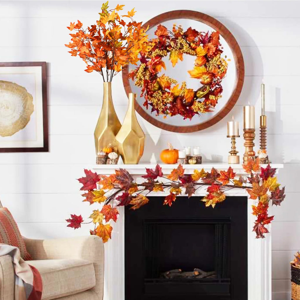 4Pcs Artificial Maple Leaves Branches 23in Orange Y1813