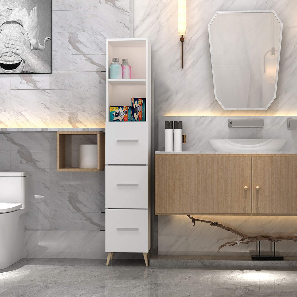 Ivory White Freestanding Bathroom Cabinet with 2 Open Shelves and Doors L85061