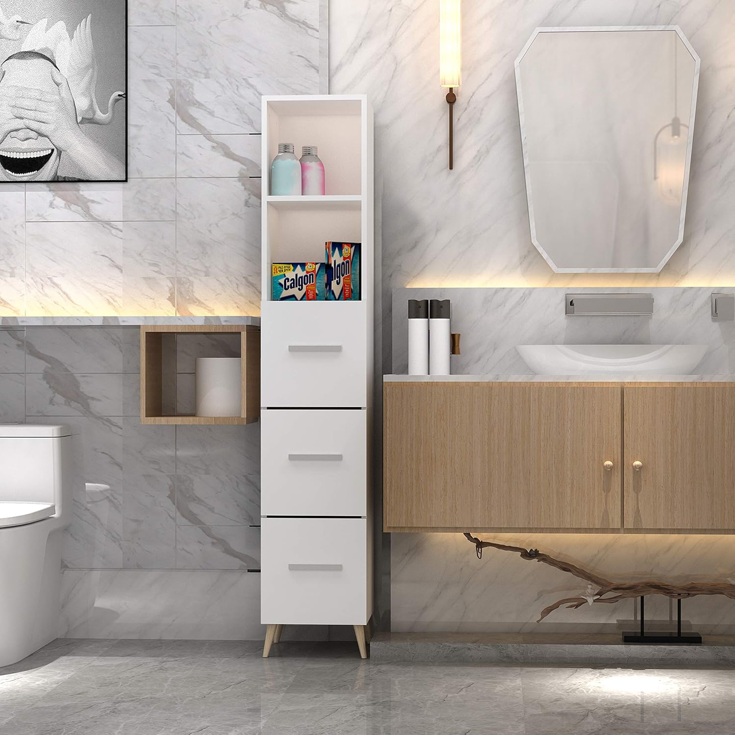 Ivory White Freestanding Bathroom Cabinet with 2 Open Shelves and Doors L85061