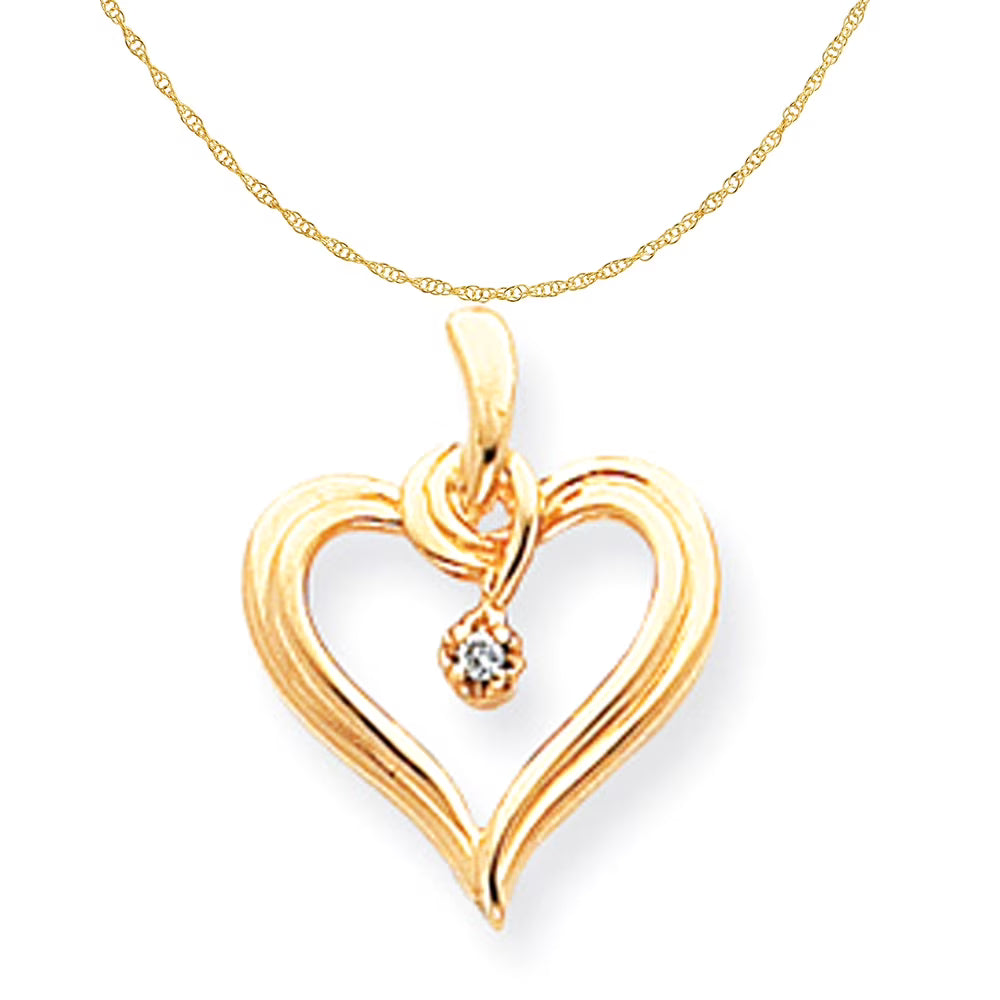 14K Yellow Gold Diamond Heart Pendant Charm with 10K Yellow Gold Rope Chain Necklace 18'' T24681