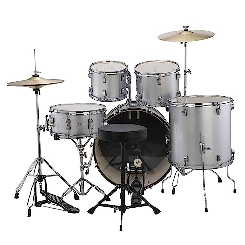5-piece Complete Drum Set with 22-inch Bass Drum and Cymbals, Silver Sparkle C5874