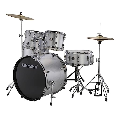 5-piece Complete Drum Set with 22-inch Bass Drum and Cymbals, Silver Sparkle C5874