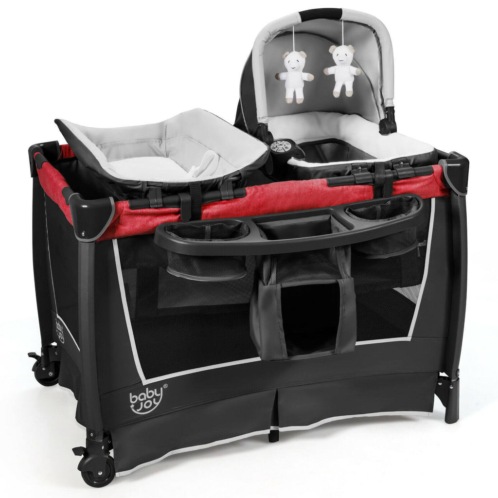 Red 4-in-1 Convertible Portable Baby Play Yard with Toys and Music Player M88218
