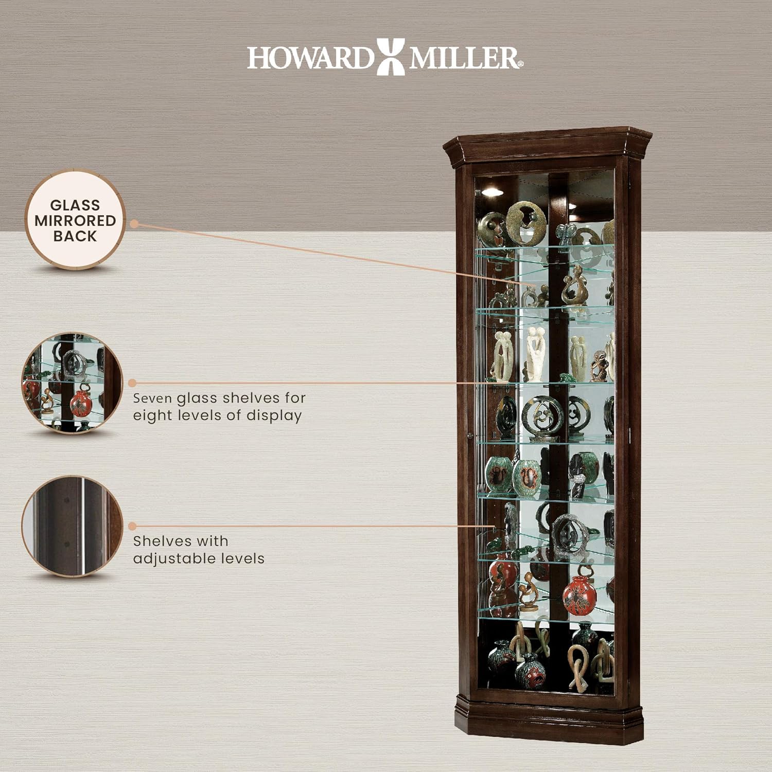 Espresso Curio Cabinet with Seven Glass Shelves and Locking Door K495638
