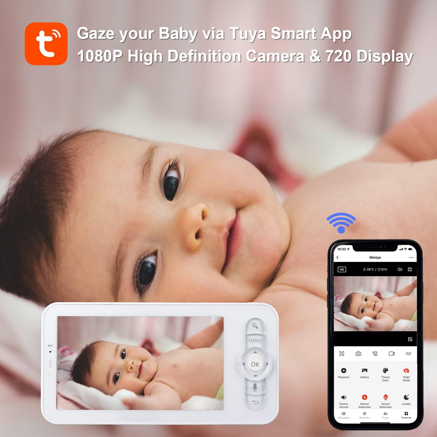 5" Video Baby Monitor with App and Screen, 1080p Digital Camera and 720p Display, 2-Way Audio & PIR Remote Pan-Tilt-Zoom via Tuya APP Control - WiFi & Wireless Technology Z992
