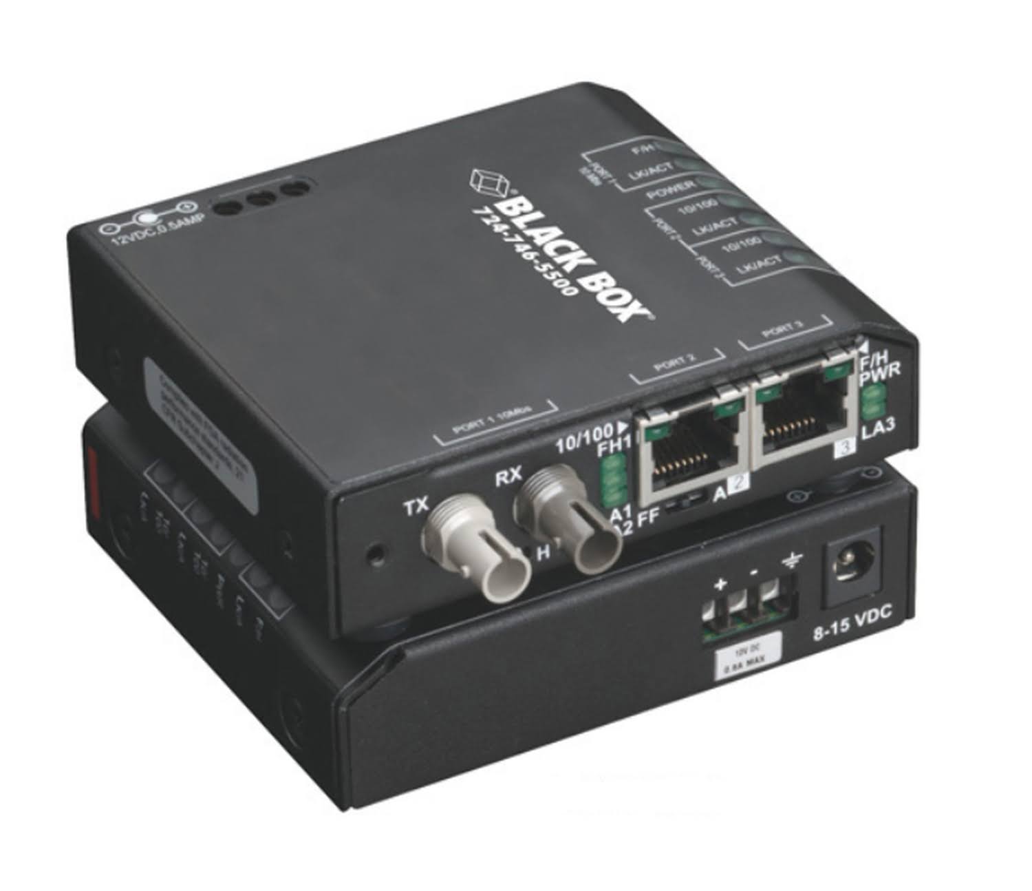 Black Box Hardened Media Converter Switch 12-VDC - RJ-45 to ST Multi-Mode Fiber Media Converter - 100 Mbps I96826