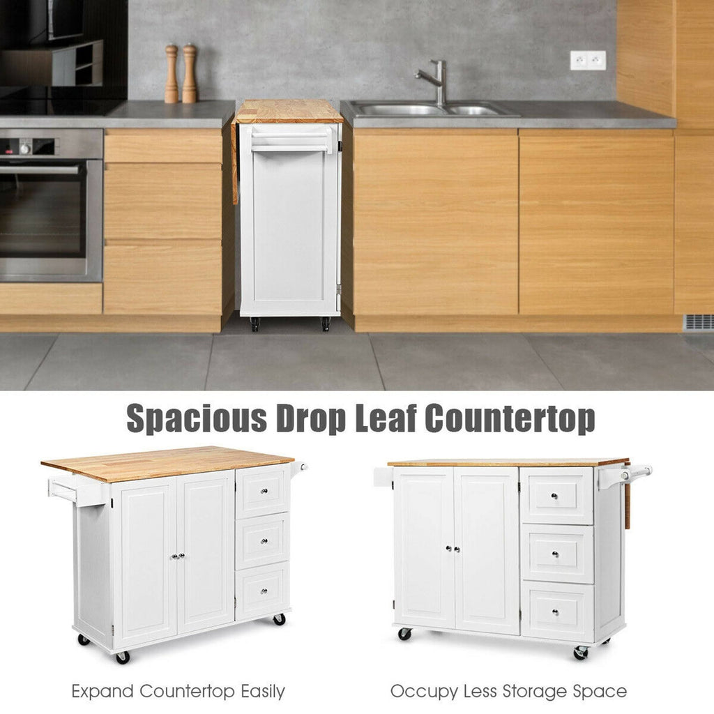 White Drop-Leaf Kitchen Island Trolley Cart Wood Storage Cabinet Q84819