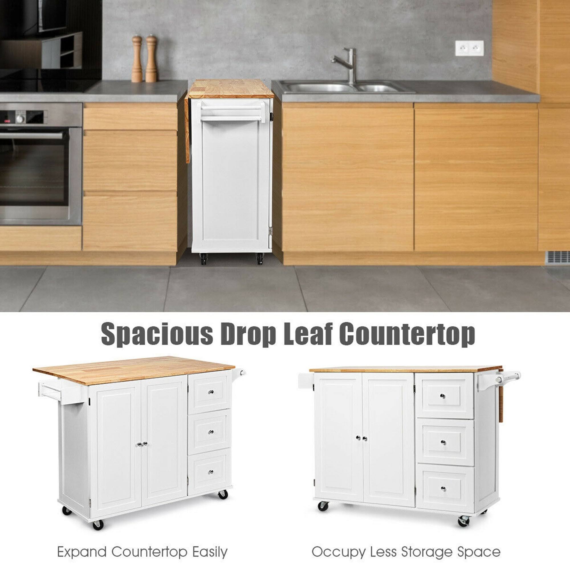 White Drop-Leaf Kitchen Island Trolley Cart Wood Storage Cabinet Q84819