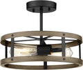 Farmhouse Semi Flush Mount Ceiling Lighting, 2-Light Industrial Metal Cage Ceiling Light, 12.9 inches, Wood and Matte Black Finish K247