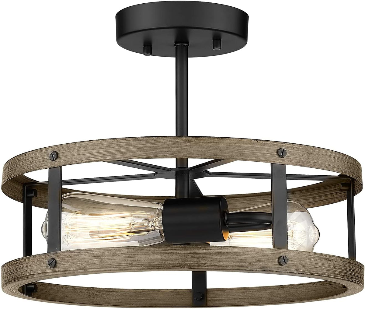 Farmhouse Semi Flush Mount Ceiling Lighting, 2-Light Industrial Metal Cage Ceiling Light, 12.9 inches, Wood and Matte Black Finish K247